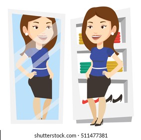 Young woman looking at herself in mirror in dressing room. Girl trying on skirt in dressing room. Woman choosing clothes in dressing room. Vector flat design illustration isolated on white background.