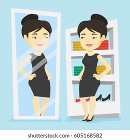 Young woman looking at herself in a mirror in dressing room. Young girl trying on skirt in dressing room. Happy woman choosing clothes in dressing room. Vector flat design illustration. Square layout.