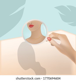 Young woman looking at herself in a round mirror. Palm leaf and turquoise color background. Vector