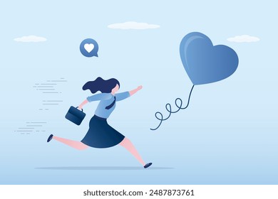 Young woman is looking for his love. Searching passionate job for happiness, ambition to find right career concept. Businesswoman chasing heart bubble ahead. Self motivation, chase dream. Flat vector