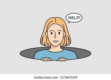 Young woman looking from hole in ground asking for help. Unhappy girl suffer from solitude and loneliness. Depression and sadness. Vector illustration. 