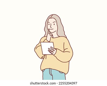 Young woman looking for ideas taking notes on paper standing simple korean style illustration