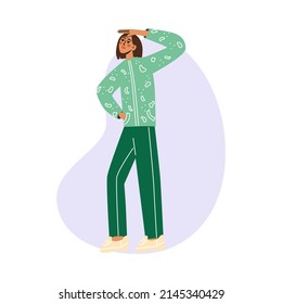 Young woman looking into the distance. Flat vector illustration, isolated on the white background.