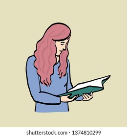 Young woman looking into folder, which she holds in her hands. Secretary woman, business woman. Cartoon vector outline illustration, hand drawn, isolated, in simple style.