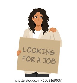 Young woman with looking for job advertisement sign. Flat Vector Illustration Isolated on White Background