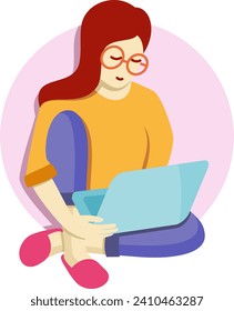 Young Women Looking Laptop Illustration