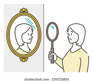 Young woman looking in the mirror. Concept of self-discovery, self-analysis, introspection [Vector illustration].