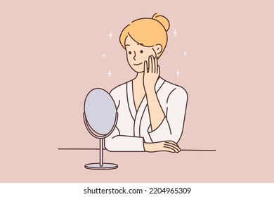 Young woman looking in mirror doing beauty skincare procedures  Female in homewear do daily skin procedures  Cosmetology concept  Vector illustration  