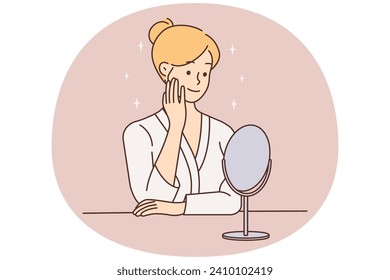 Young woman looking in mirror doing beauty skincare procedures. Female in homewear do daily skin procedures. Cosmetology concept. Vector illustration.