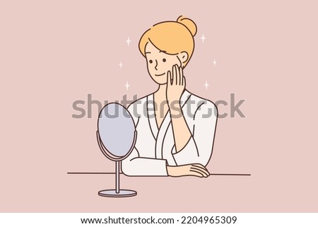 Young woman looking in mirror doing beauty skincare procedures. Female in homewear do daily skin procedures. Cosmetology concept. Vector illustration. 
