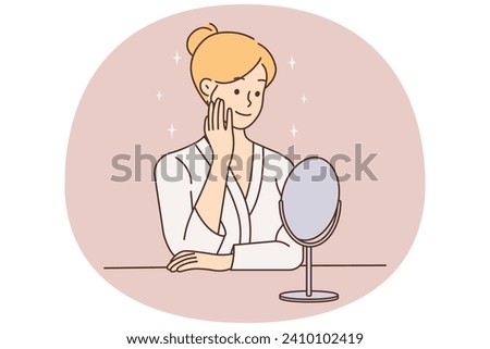 Young woman looking in mirror doing beauty skincare procedures. Female in homewear do daily skin procedures. Cosmetology concept. Vector illustration.