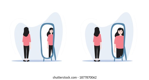 Young woman looking in mirror, feeling good and fat. Concept of diet, self esteem, eating disorder, weight loss. Simple flat vector illustration