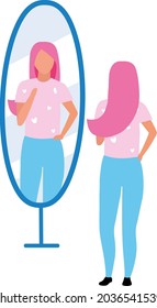 Young Woman Looking At Mirror Semi Flat Color Vector Character. Full Body Person On White. Girl Trying On Clothes In Store Isolated Modern Cartoon Style Illustration For Graphic Design And Animation