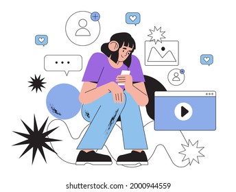 Young woman looking on smartphones screen and chatting. Happy girl talking and typing on mobile phone. Concept of reffer a friend, social media marketing or network promotion, smm. Ui, ux design.