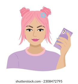 Young woman looking on Smartphones happy girls, female character. Flat Cartoon Vector Illustration.