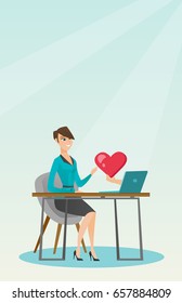 Young woman looking for online date on the internet. Woman using a laptop and dating online. Woman dating online and getting a virtual love message. Vector flat design illustration. Vertical layout.
