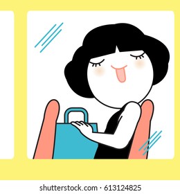 Young Woman Looking Out The Bus Window With Smiley Face Sticking Out The Tongue And Closed Eyes Concept Card Character illustration