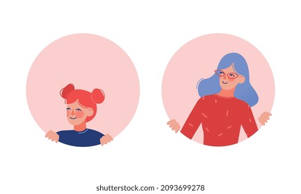Young Woman Looking Out of Round Frame Vector Set