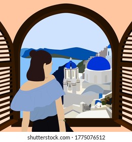 Young woman is looking out of the window at the sea. Window with view of Greece and Santorini. Concept of traveling alone and summer journey. Summer illustration of happy girl at vacation.