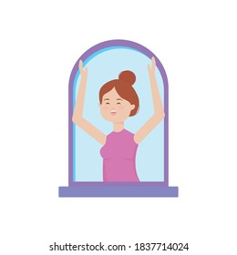 young woman looking out the window activity indoor vector illustration