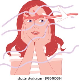 Young woman looking at the plane flying by her face, EPS 8 vector illustration, drawn from imagination, not a real person 