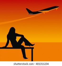 Young woman looking at the plane. Vector with gradient.