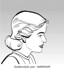 A young woman looking questioningly. Elegant lady. Concept idea of advertisement and promo. Pop art retro style illustration, halftone background. Women in retro style.