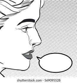 A young woman looking questioningly. Elegant lady. Concept idea of advertisement and promo. Pop art retro style illustration, halftone background. Women in retro style.