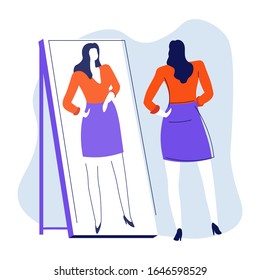 Young woman looking at reflection in mirror, smarten up vector. Hairstyle and makeup checking, girl watching at reflection, beauty and skincare. Female character in shirt and skirt, self-esteem