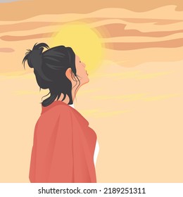 Young Woman Looking Up At The Rising Sky On The Morning Of A New Day. Vector Illustration Concept Of Living Happily In Uncertainty.