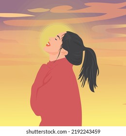 Young woman looking up at the rising sky on the morning of a new day. Vector illustration concept of living happily in uncertainty.