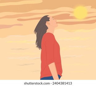 Young woman looking up at the rising sky on the morning of a new day. Vector illustration concept of living happily in uncertainty.