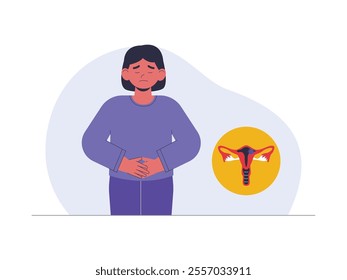 Young woman looking sad and holding her stomach, her hand position indicates that she is experiencing pain or discomfort in the lower abdomen, reproductive health problems, vector illustration.