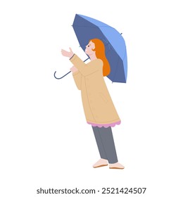 Young woman looking at sky to see rain, girl with blue umbrella vector illustration