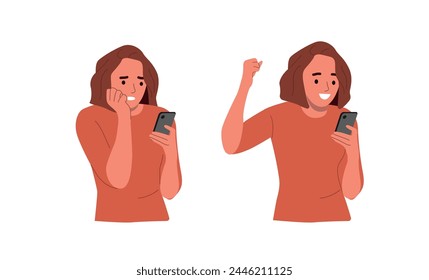 Young  woman  looking in the smartphone and experiences fear, fright, stress.  Girl shows a positive gesture. Flat style cartoon vector illustration.