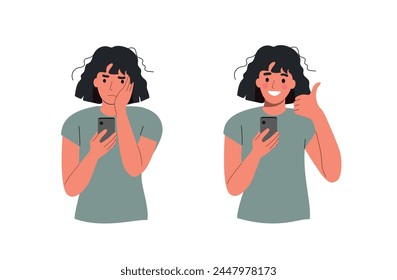 Young  woman  looking in the smartphone and experiences fear, fright, stress.  Girl shows a positive gesture. Flat style cartoon vector illustration.