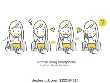 young woman looking at smartphone, line illustrations