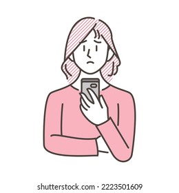 Young woman looking at a smartphone with a troubled expression [Vector illustration].