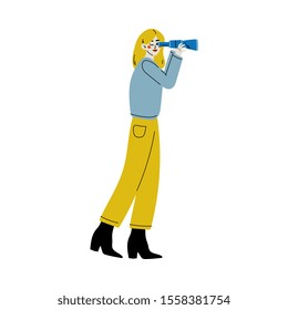 Young Woman Looking Through Binoculars Searching for Information Vector Illustration