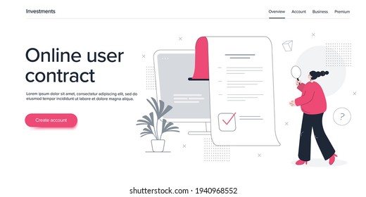 Junge Frau, die durch elektronische Verträge schaut. Online-Unterzeichnung eines elektronischen Vertragsdokuments über Computer oder Laptop. Isometrische Vektorgrafik. Webbanner-Layoutvorlage. 
