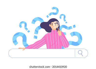 Young Woman Looking Through Magnifying Glass With Blue Question Marks And Search Bar. Concept Of Business Metaphor For Search Or Research, Development, Web Surfing. Flat Vector Illustration Character.