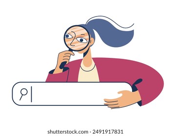 Young woman looking through magnifying glass on search bar. Searching in browser, finding, web surfing