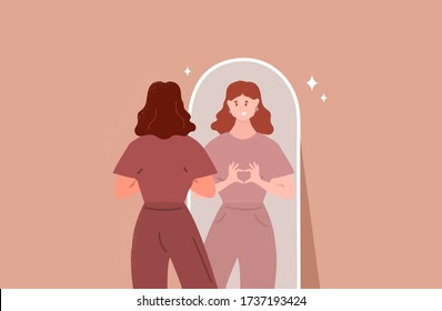 Young woman looking through the mirror and smiling. Self love. Love yourself. Vector
