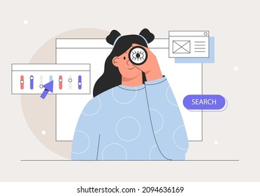 Young woman looking through spy glass. Business metaphor for search or research, development, web surfing and looking for new business or career opportunities. Flat style vector illustration.