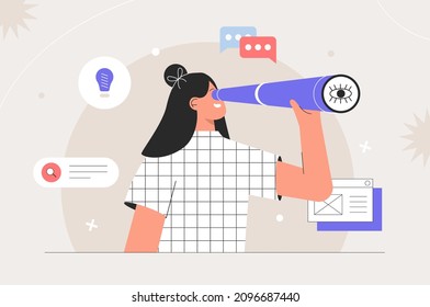 Young woman looking through spy glass. Business metaphore for search or research, development, web surfing and looking for new business or career opportunities. Flat style vector illustration.