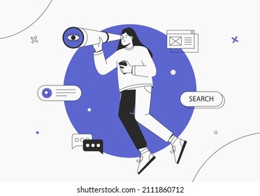 Mujer joven mirando a través de vidrio espía. Metáfora de negocio para búsqueda o investigación, desarrollo, navegación web y búsqueda de nuevas oportunidades de negocio o de carrera. Ilustración vectorial de estilo plano.