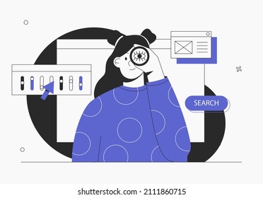 Young Woman Looking Through Spy Glass. Business Metaphore For Search Or Research, Development, Web Surfing And Looking For New Business Or Career Opportunities. Flat Style Vector Illustration.