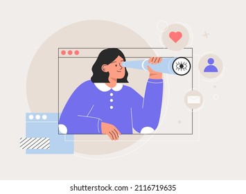 Young woman looking through spy glass. Business metaphore for search or research, development, web surfing and looking for new business or career opportunities. Flat style vector illustration.