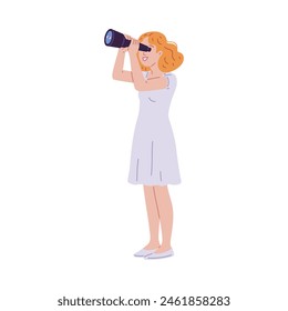 Young woman looking through telescope and laughing vector flat illustration. Searching for a opportunities, strategic planning. Research for navigation, exploration or observation