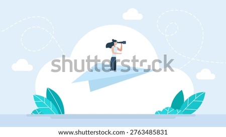 Young woman looking through a telescope while flying on a paper plane in the sky, representing future business vision, career search and creative strategy. Vector illustration.